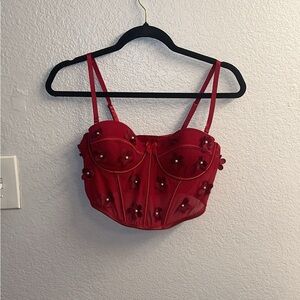 Red Floral Embellished Bustier Top